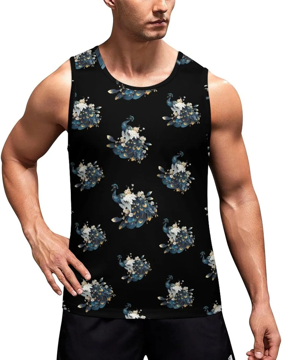 Beauty Peacock Men's Tank Tops Summer Sleeveless T-Shirts Gym Workout Tee Casual Beach Tee