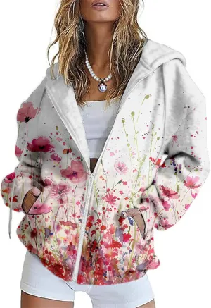 Bengbobar Women's Floral Printed Sweatshirt Long Sleeve Hooded Loose Vintage FLower Graphic Tops Oversized Hoodies for Women
