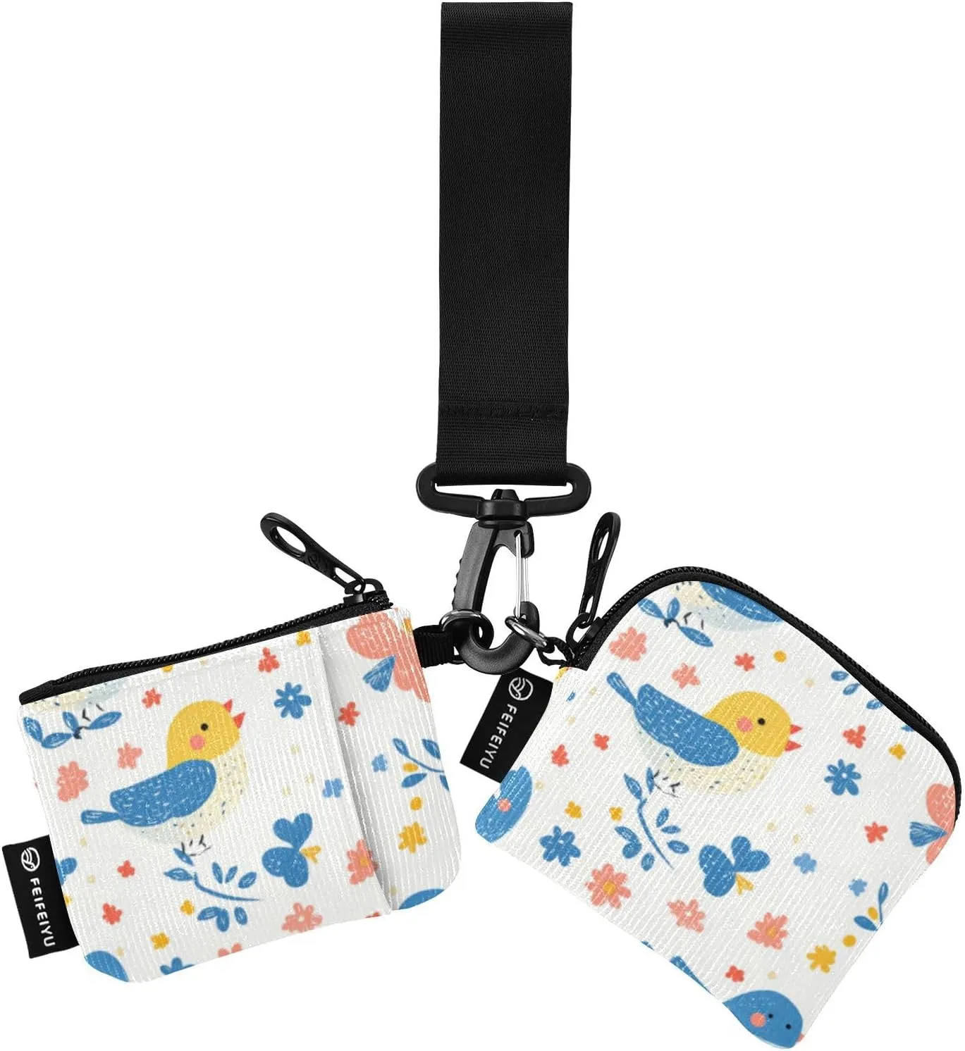 Bird Pattern Blue Women's Coin Purses Card Cases Small Detachable Wristlet Wallet Key Holder with Wristle Strap for Men Women 2 Pcs