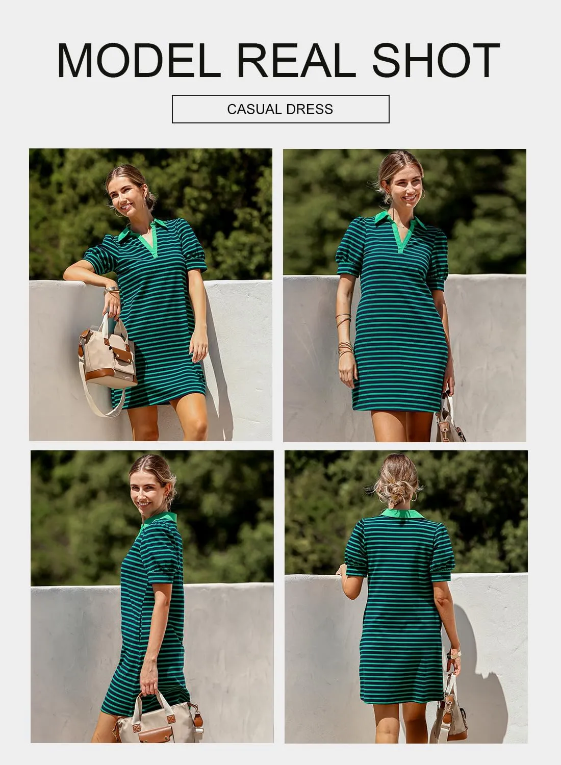 BLENCOT Women's Casual Polo V Neck T Shirt Striped Dress Summer Puff Short Sleeve MIdi Dresses