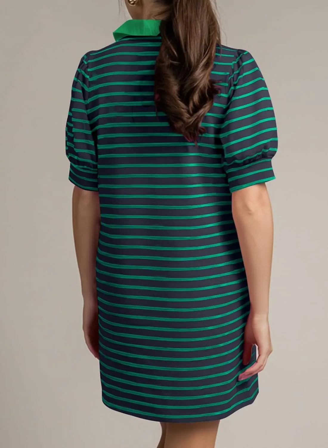 BLENCOT Women's Casual Polo V Neck T Shirt Striped Dress Summer Puff Short Sleeve MIdi Dresses
