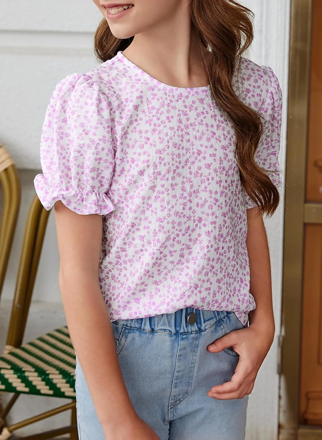 blibean Tween Girls 2024 Boho Floral Puff Sleeve Shirt Size 6-15 Years