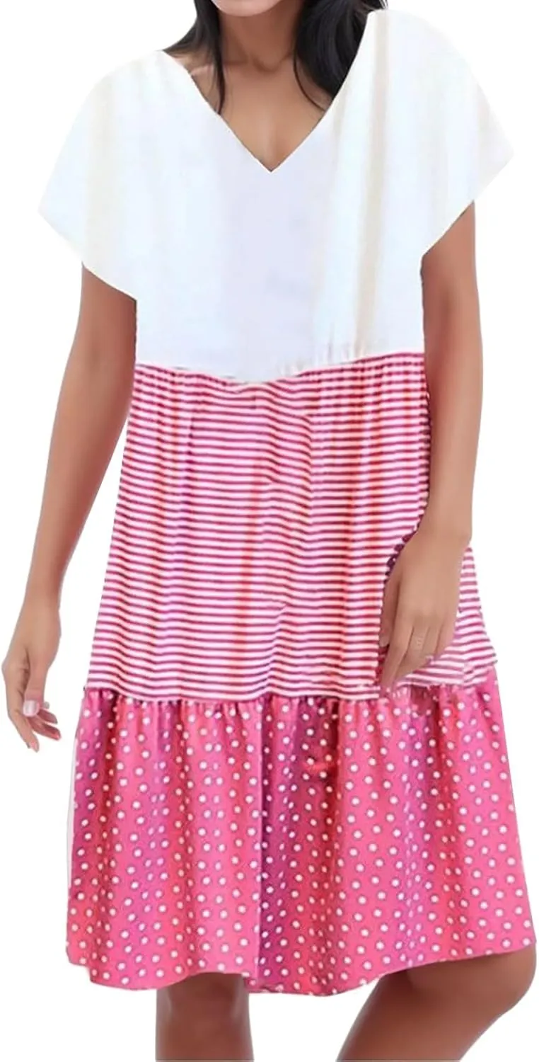 Boho Dresses for Women Trendy 2025 Casual Short Sleeve Summer Tshirt Dress Plus Size Color Block Swing Midi Sundress