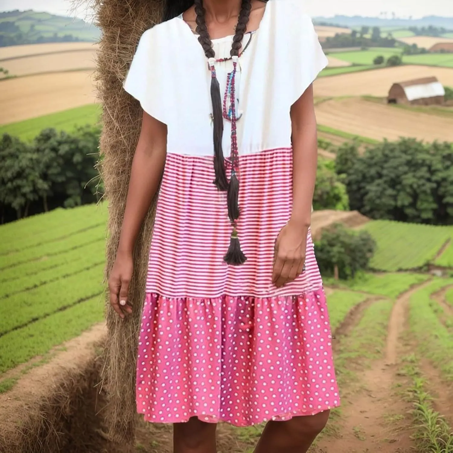 Boho Dresses for Women Trendy 2025 Casual Short Sleeve Summer Tshirt Dress Plus Size Color Block Swing Midi Sundress