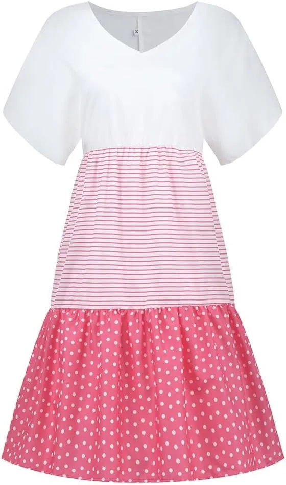 Boho Dresses for Women Trendy 2025 Casual Short Sleeve Summer Tshirt Dress Plus Size Color Block Swing Midi Sundress