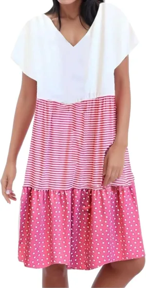 Boho Dresses for Women Trendy 2025 Casual Short Sleeve Summer Tshirt Dress Plus Size Color Block Swing Midi Sundress