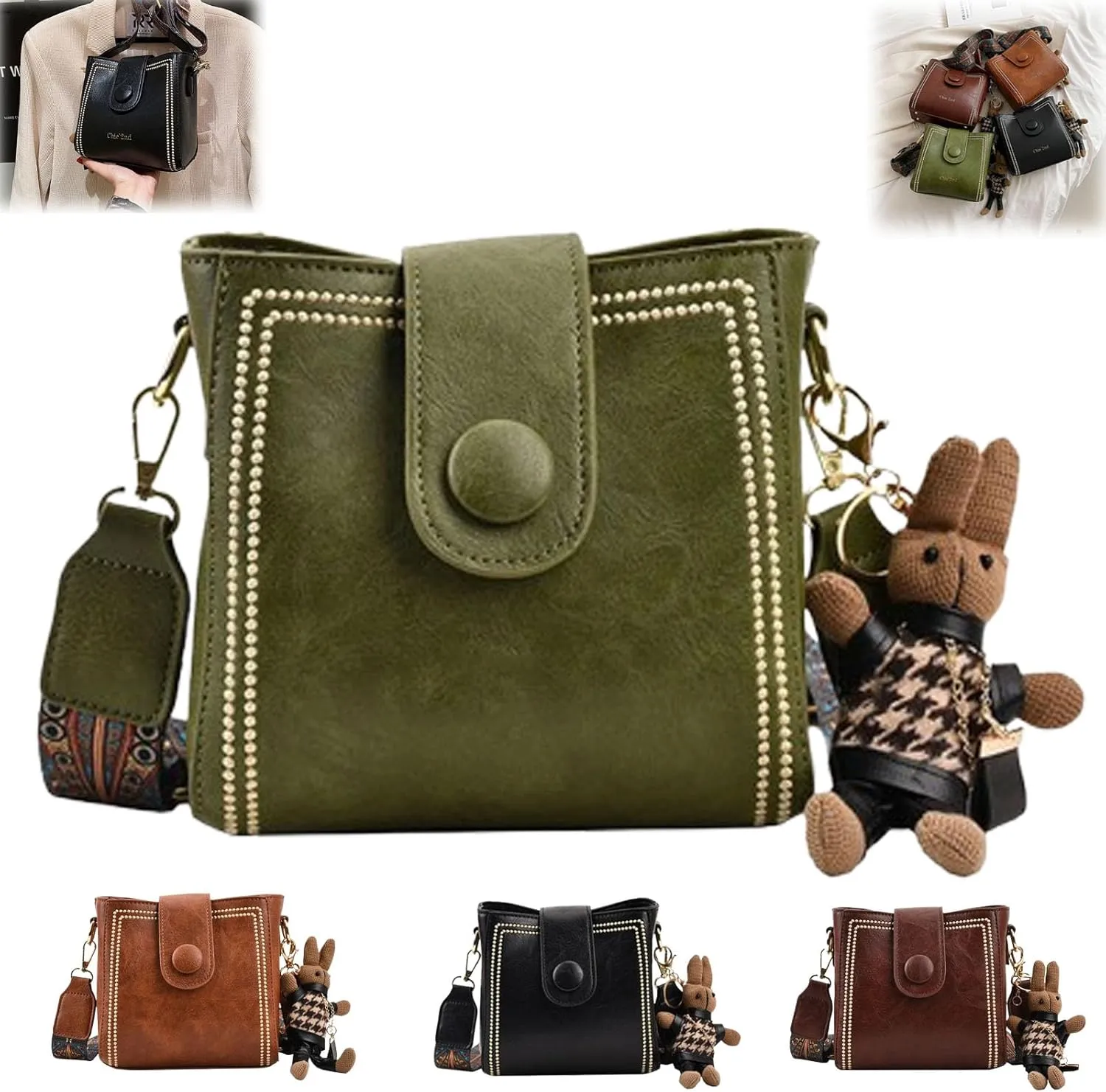 Bootara Bucket Bag, Bootara Women's Vintage Bunny Charm Bucket Bag, with Adjustable Wide Shoulder Strap Fashion Bucket Bags