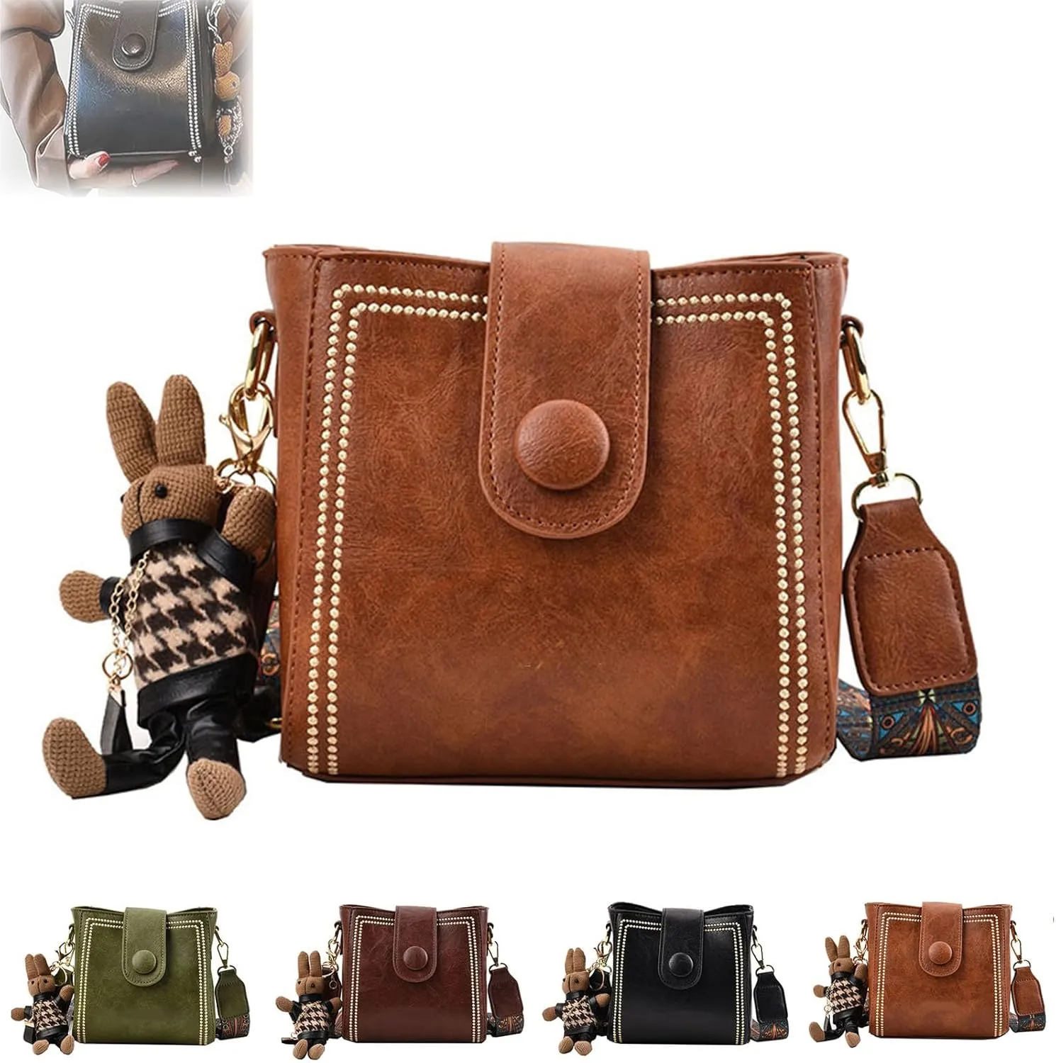 Bootara Bucket Bag, Vintage Fashion Bag, Vintage Retro Small Water Bucket Bags for Women, with Cute Doll Pendants