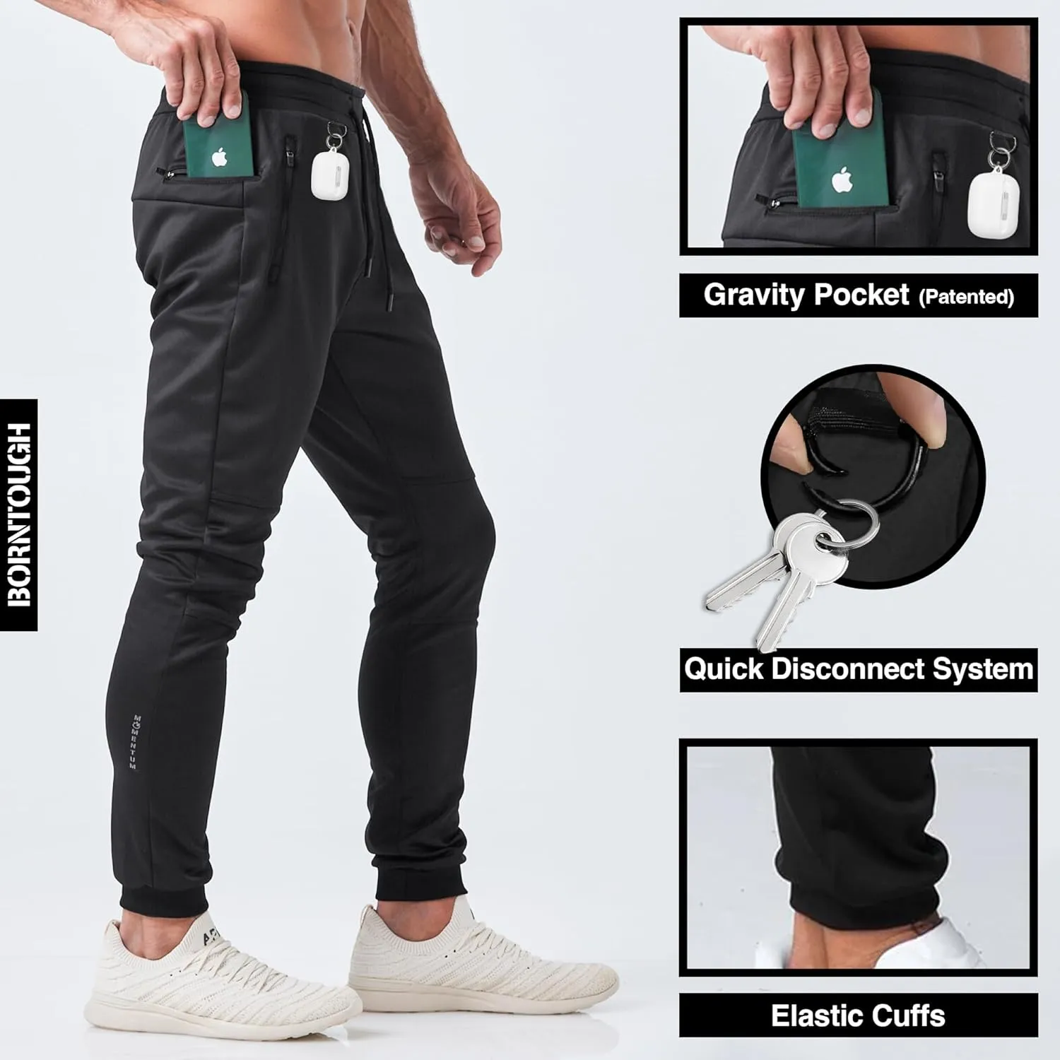 Born Tough Slim-Fit Mens Workout Joggers Pants, Tapered Bodybuilding Gym Joggers, Athletic Running Sweatpants Zipper Pockets