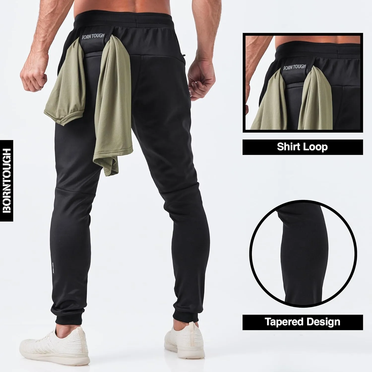 Born Tough Slim-Fit Mens Workout Joggers Pants, Tapered Bodybuilding Gym Joggers, Athletic Running Sweatpants Zipper Pockets