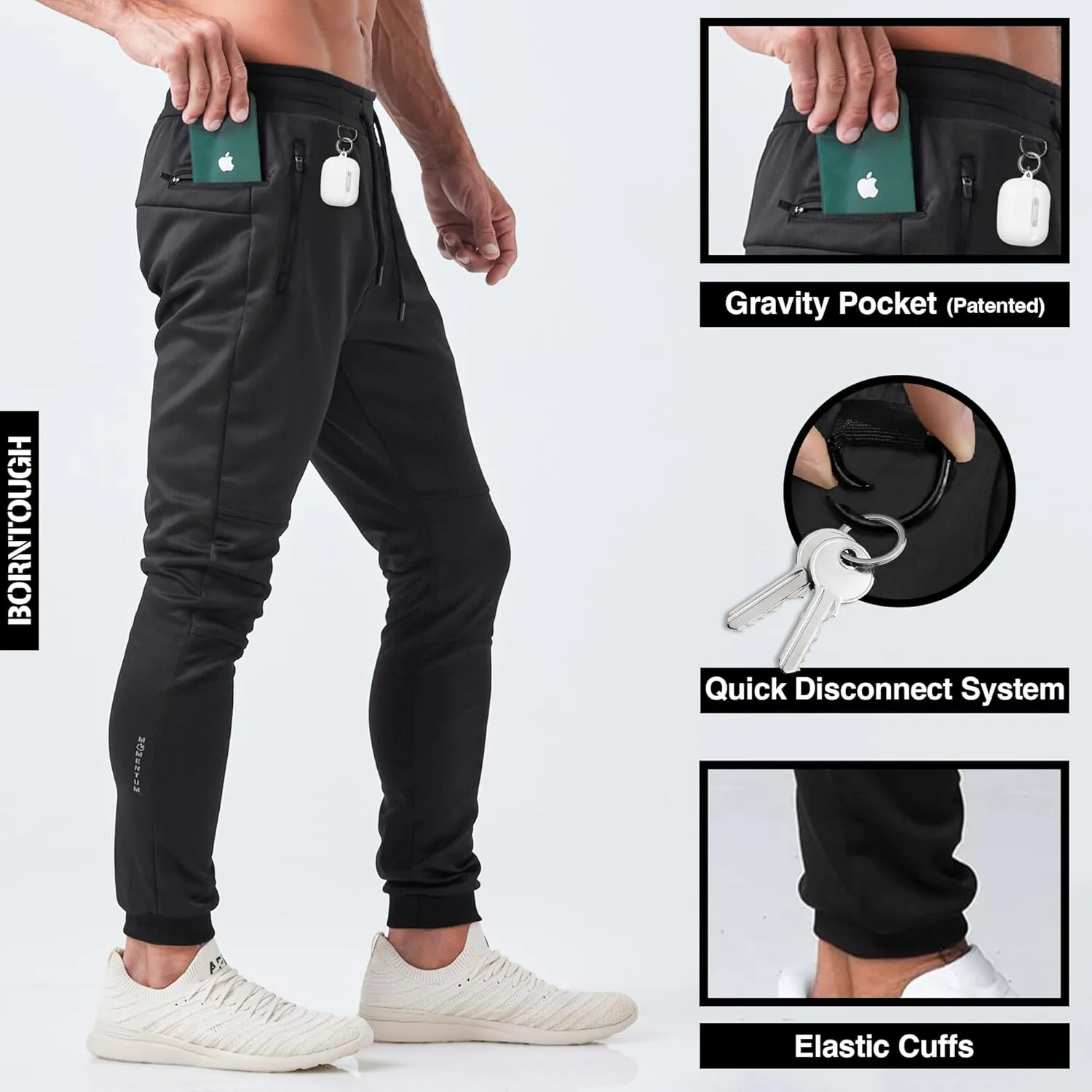 Born Tough Slim-Fit Mens Workout Joggers Pants, Tapered Bodybuilding Gym Joggers, Athletic Running Sweatpants Zipper Pockets