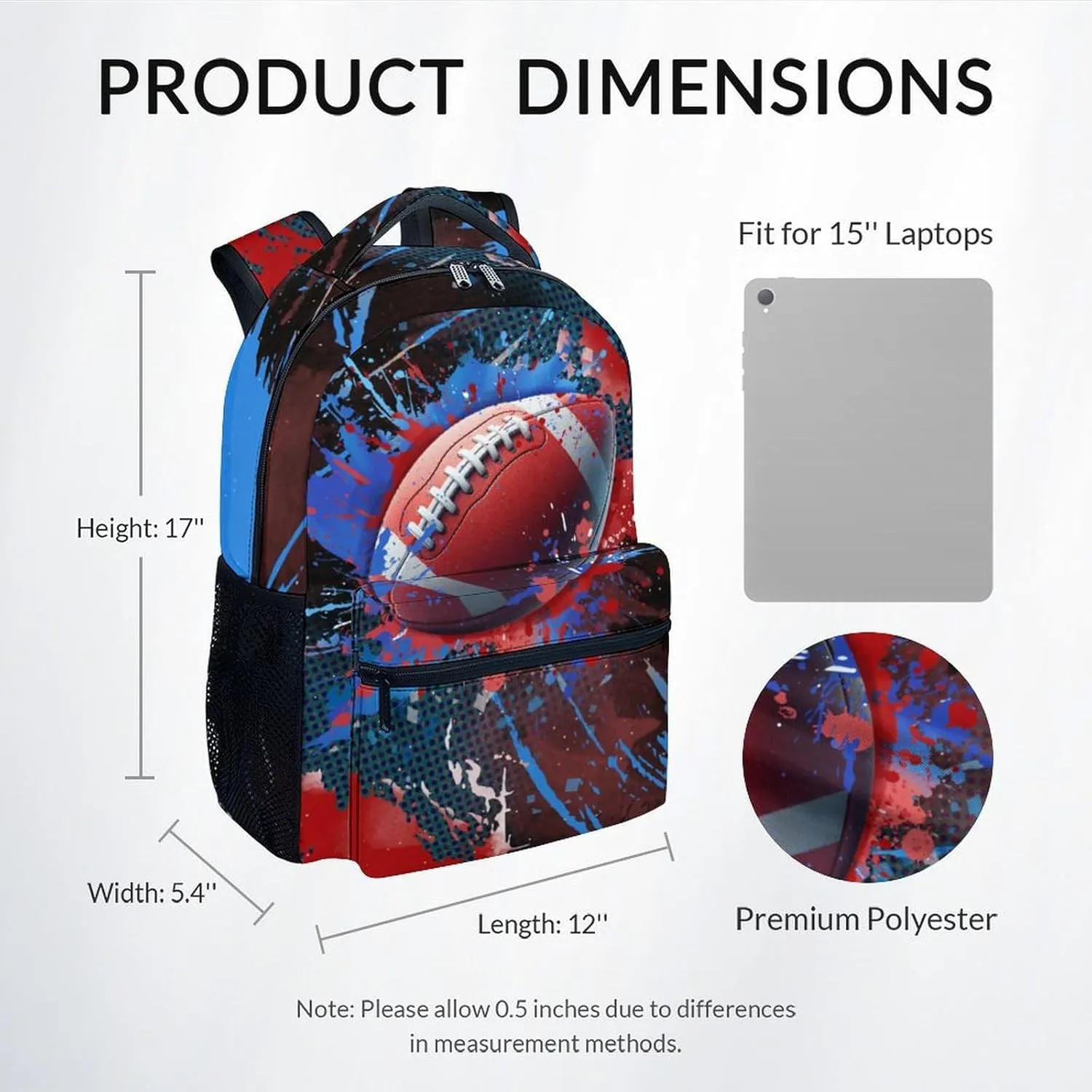 Boy Backpack - Football Backpacks for Boys - 17 Inch Kids Bookbag for Elementary Middle School - Sports Theme School Bags for Ages 6-12