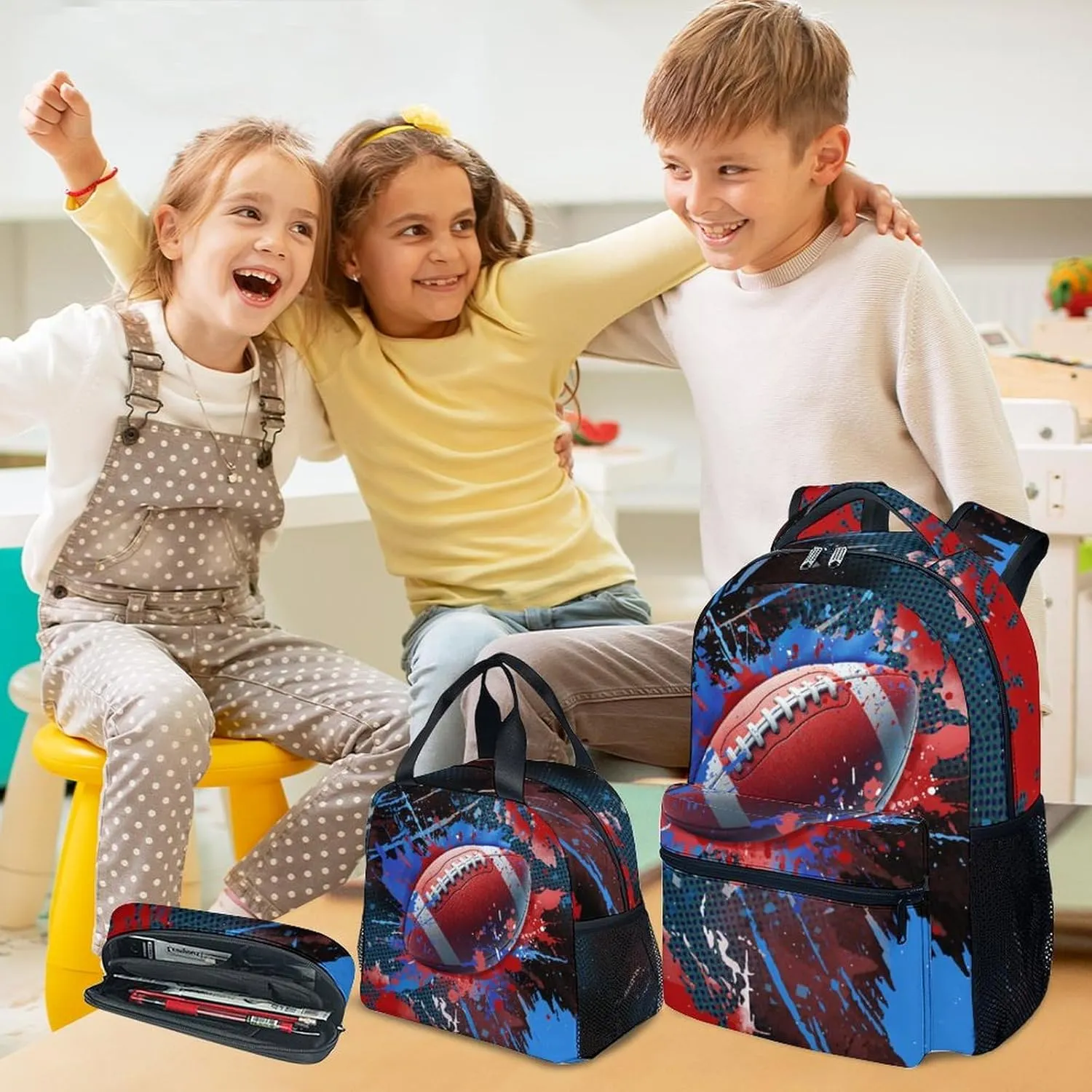 Boy Backpack - Football Backpacks Set for Kids - Teens Bookbag with Lunch Bag & Pencil Case - Sports Theme School Bags for Elementary Middle School