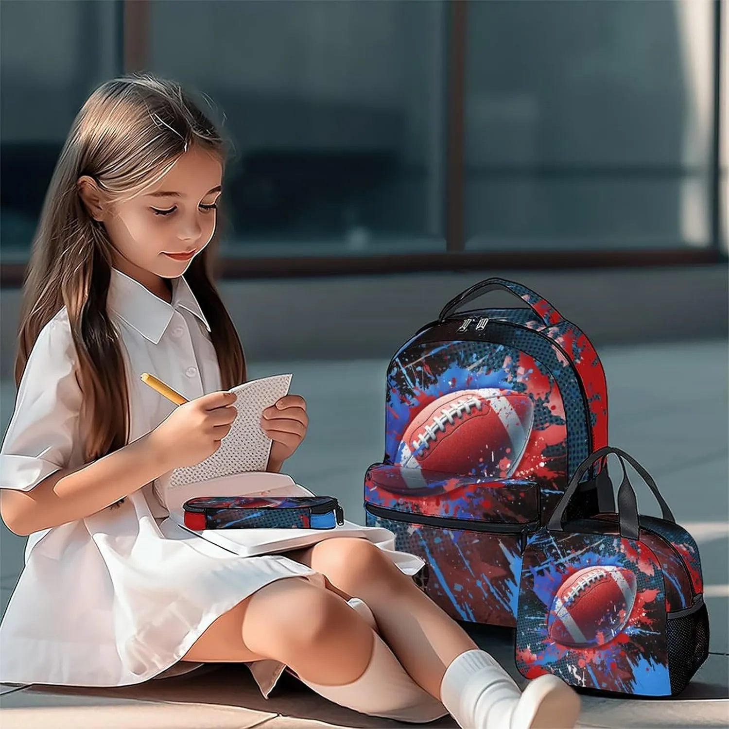 Boy Backpack - Football Backpacks Set for Kids - Teens Bookbag with Lunch Bag & Pencil Case - Sports Theme School Bags for Elementary Middle School