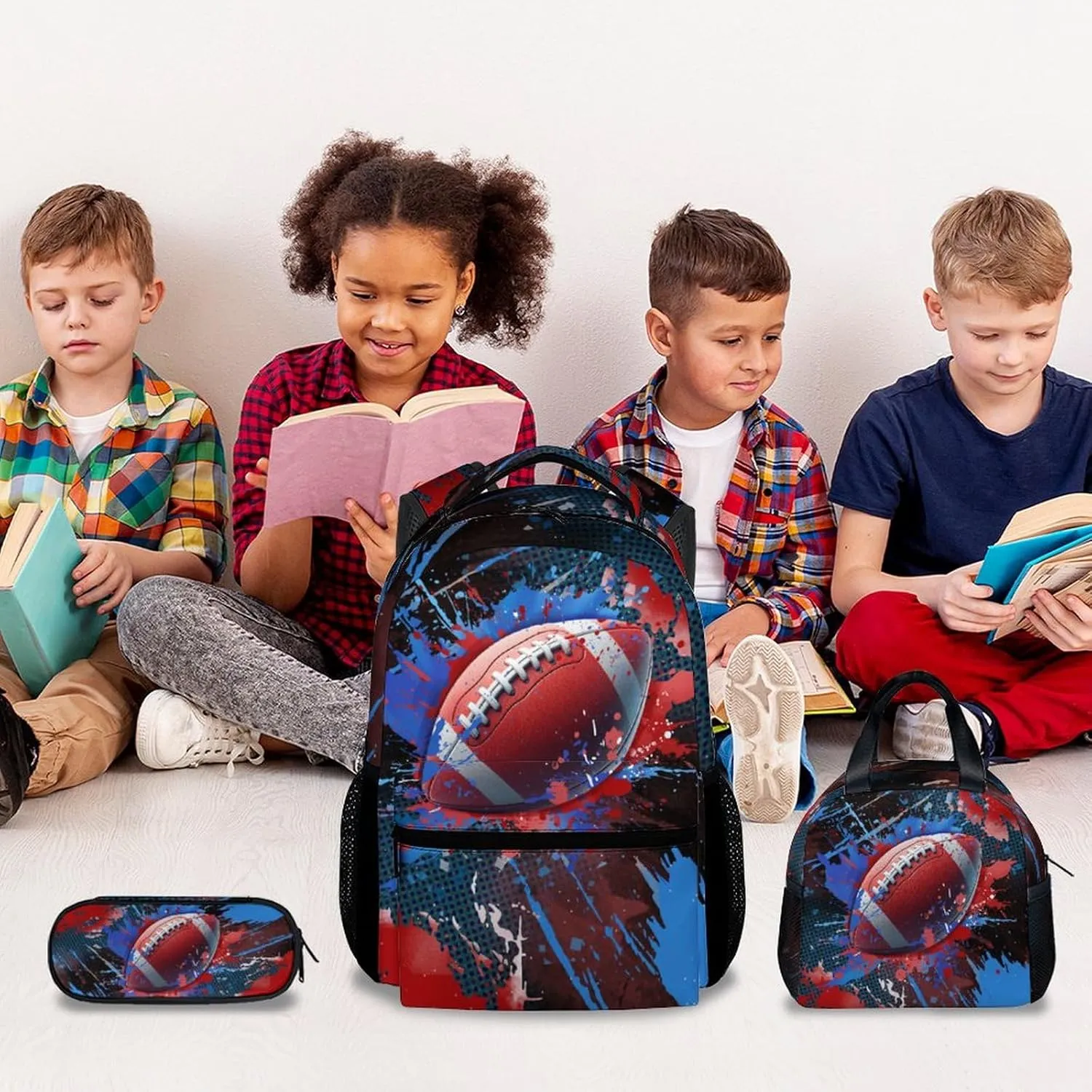 Boy Backpack - Football Backpacks Set for Kids - Teens Bookbag with Lunch Bag & Pencil Case - Sports Theme School Bags for Elementary Middle School