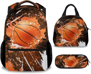 Boys Backpack Set - Basketball Backpacks for Kids - Sports Theme Bookbag for Elementary Middle School - Cool School Bag with Lunch Box & Pencil Case