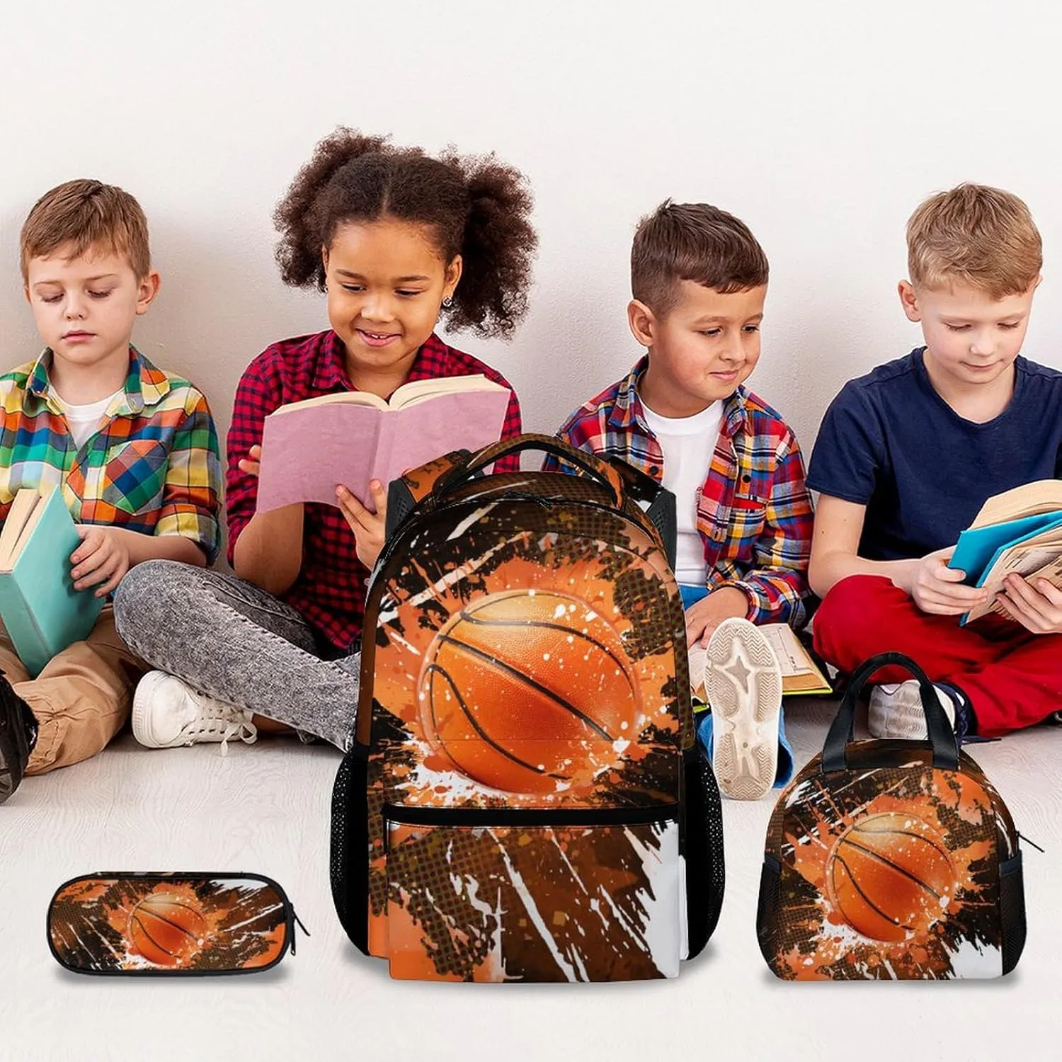 Boys Backpack Set - Basketball Backpacks for Kids - Sports Theme Bookbag for Elementary Middle School - Cool School Bag with Lunch Box & Pencil Case
