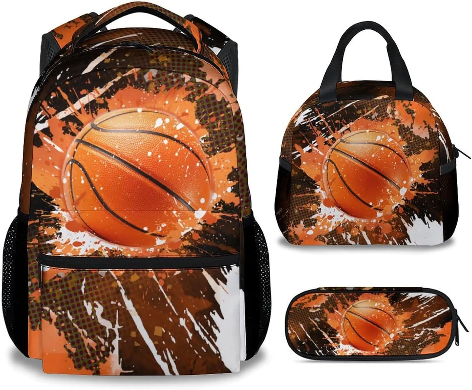 Boys Backpack Set - Basketball Backpacks for Kids - Sports Theme Bookbag for Elementary Middle School - Cool School Bag with Lunch Box & Pencil Case