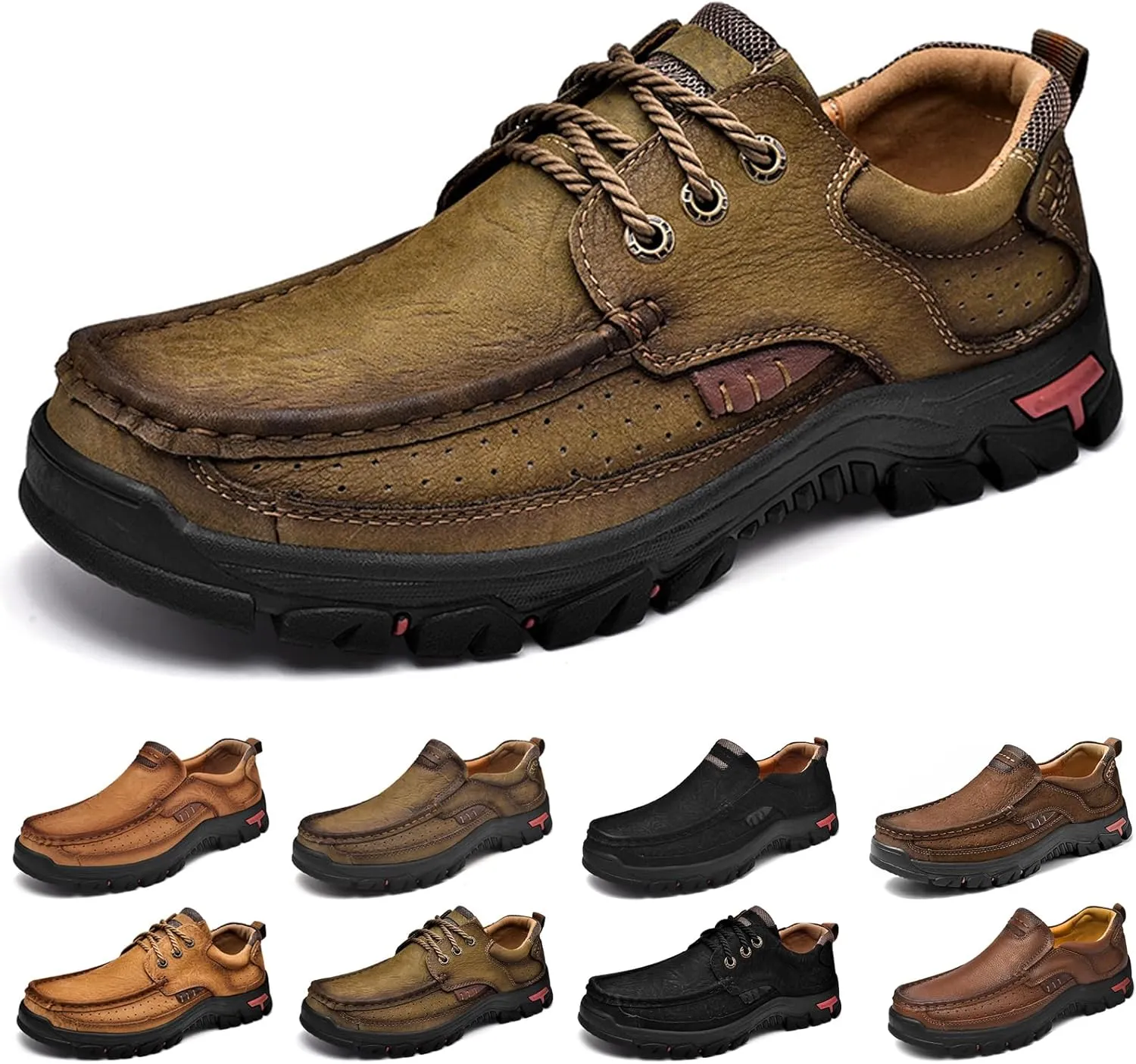 bumuam Mens Hiking Shoes Waterproof Lightweight Ankle Boots Mens Leather Slip-On Dress Loafers Walking Slippers for Men, Outdoor Trekking Camping Sneakers