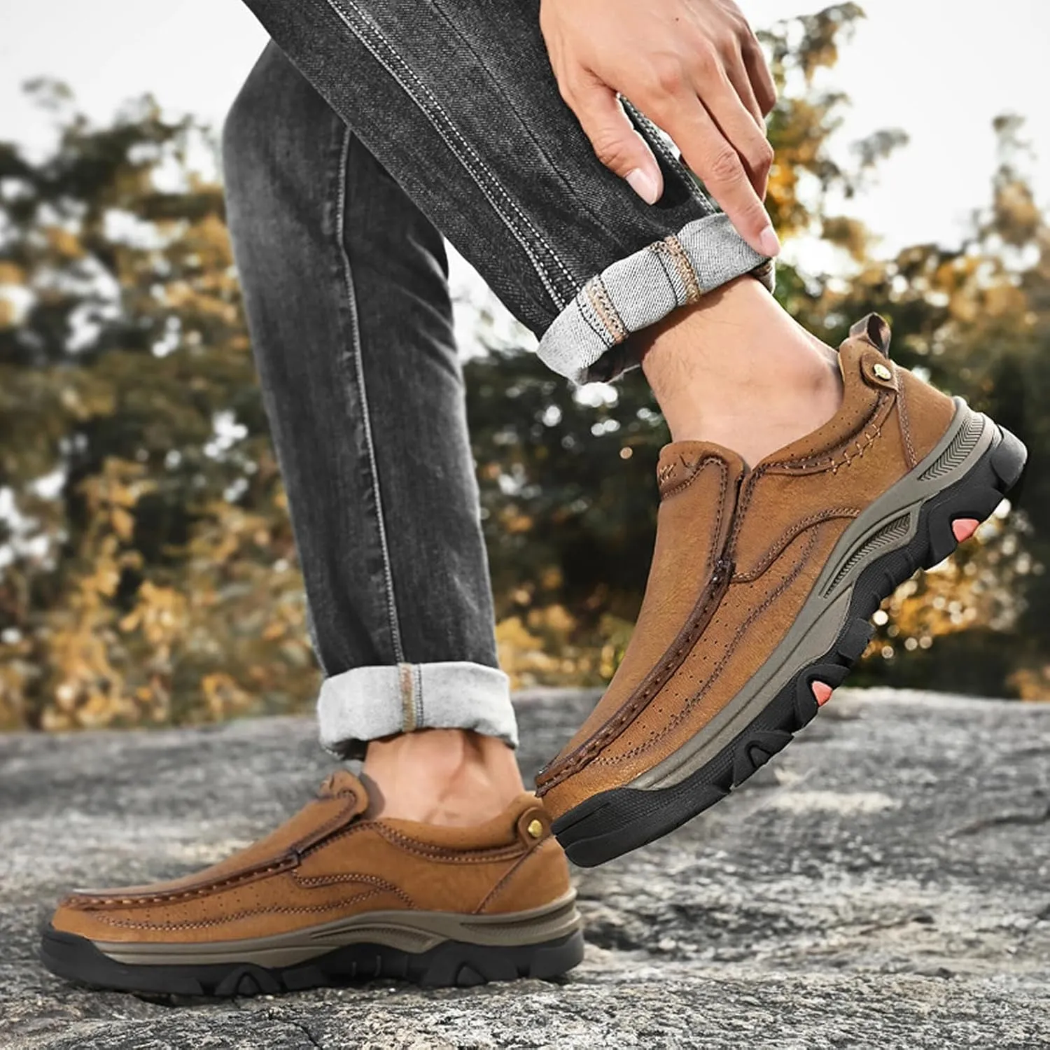 bumuam Men's Slip On Leather Shoes Walking Work Loafers Lightweight Casual Sneakers Outdoor Comfortable Fashion Hiking Shoes for Travel, Camping, Running