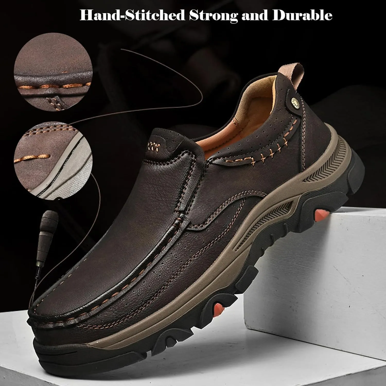 bumuam Men's Slip On Leather Shoes Walking Work Loafers Lightweight Casual Sneakers Outdoor Comfortable Fashion Hiking Shoes for Travel, Camping, Running