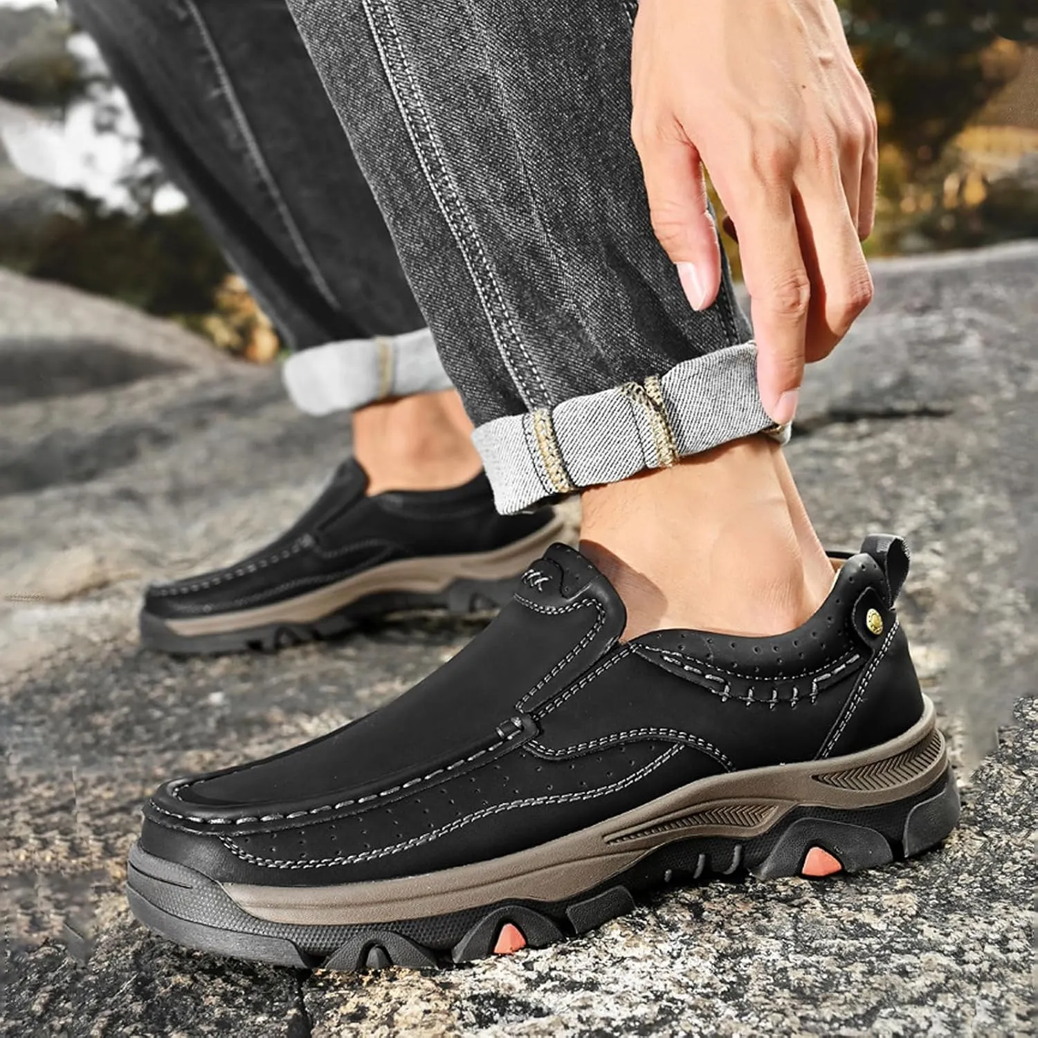 bumuam Men's Slip On Leather Shoes Walking Work Loafers Lightweight Casual Sneakers Outdoor Comfortable Fashion Hiking Shoes for Travel, Camping, Running