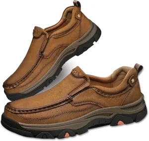 bumuam Men's Slip On Leather Shoes Walking Work Loafers Lightweight Casual Sneakers Outdoor Comfortable Fashion Hiking Shoes for Travel, Camping, Running