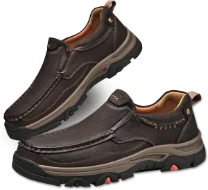 bumuam Men's Slip On Leather Shoes Walking Work Loafers Lightweight Casual Sneakers Outdoor Comfortable Fashion Hiking Shoes for Travel, Camping, Running