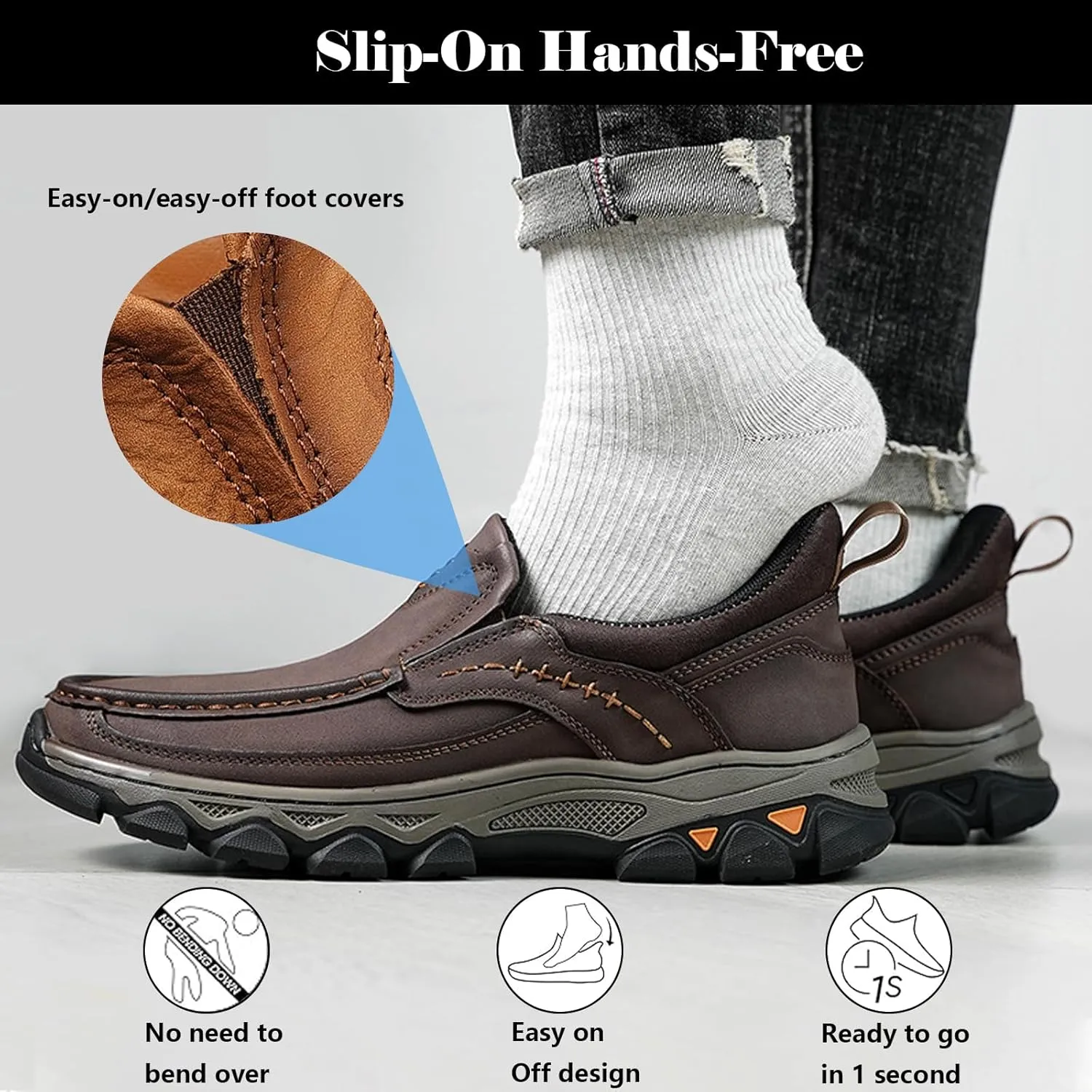 bumuam Men's Slip On Leather Shoes Walking Work Loafers Lightweight Casual Sneakers Outdoor Comfortable Fashion Hiking Shoes for Travel, Camping, Running
