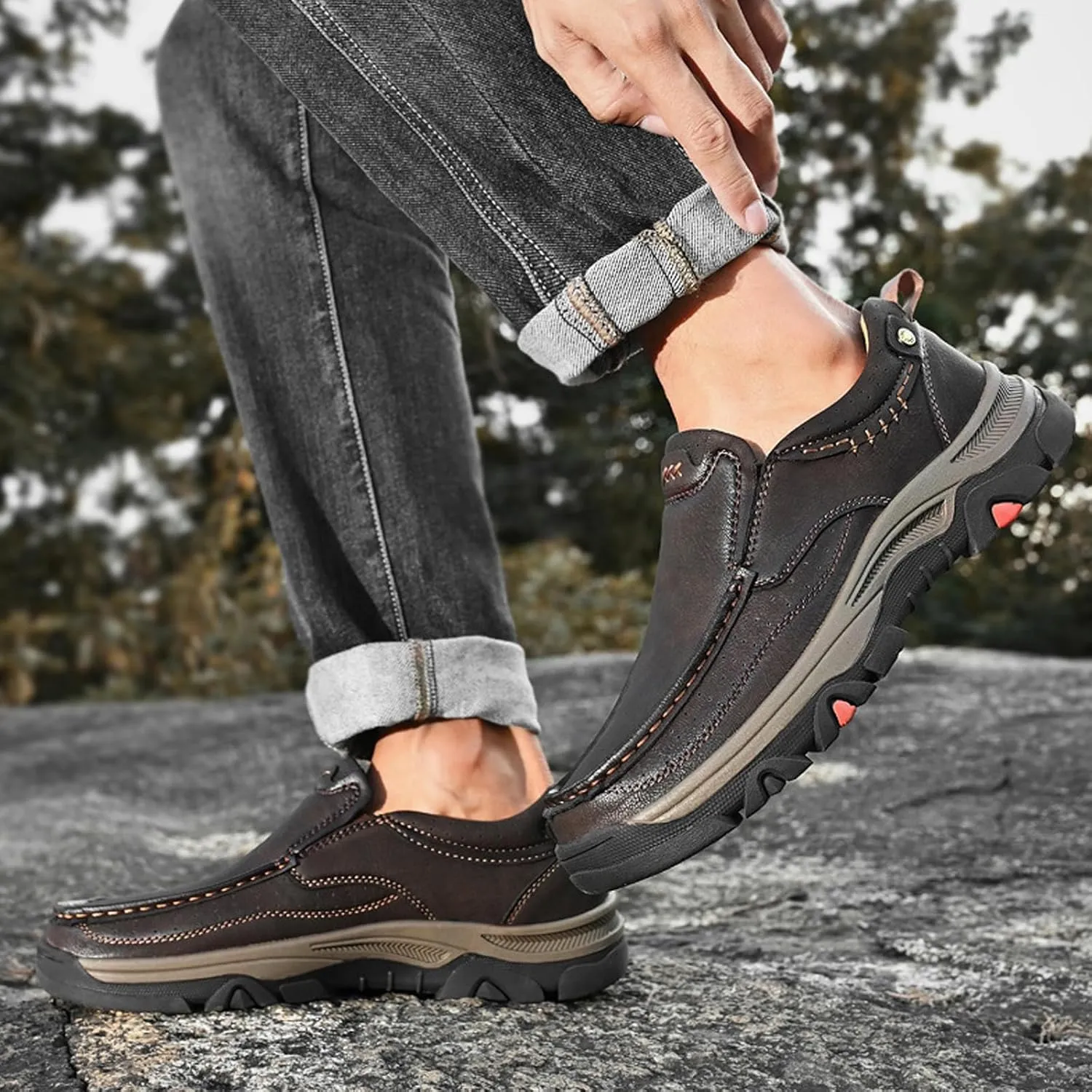 bumuam Men's Slip On Leather Shoes Walking Work Loafers Lightweight Casual Sneakers Outdoor Comfortable Fashion Hiking Shoes for Travel, Camping, Running