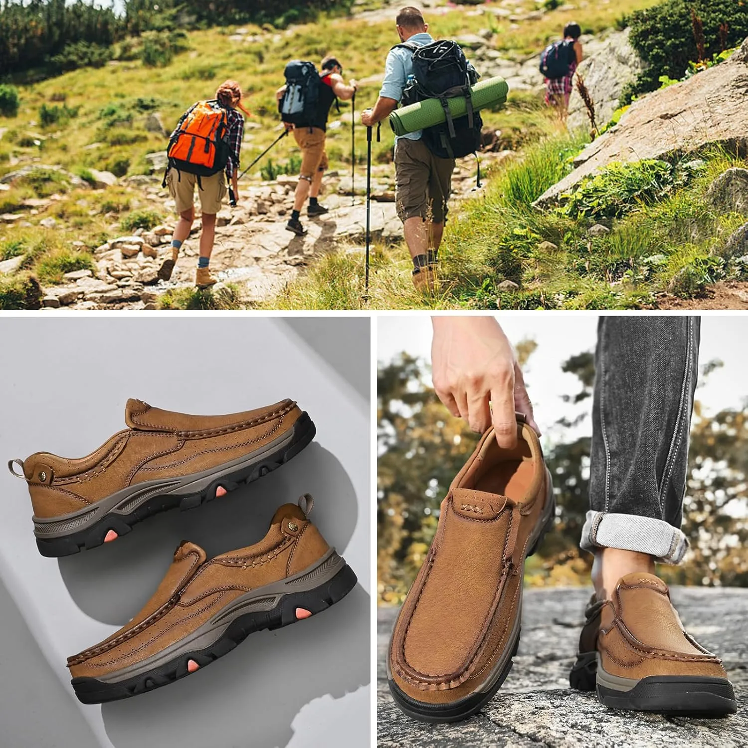 bumuam Men's Slip On Leather Shoes Walking Work Loafers Lightweight Casual Sneakers Outdoor Comfortable Fashion Hiking Shoes for Travel, Camping, Running