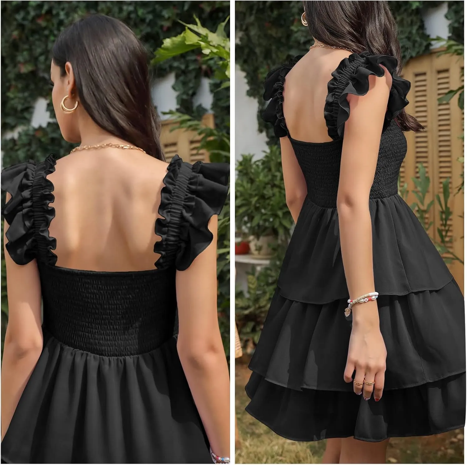 Byinns Womens Square Neck Sleeveless Ruffle Dress High Waist Backless Tiered Smocked Strappy Casual Short Mini Dresses