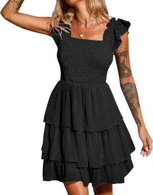 Byinns Womens Square Neck Sleeveless Ruffle Dress High Waist Backless Tiered Smocked Strappy Casual Short Mini Dresses