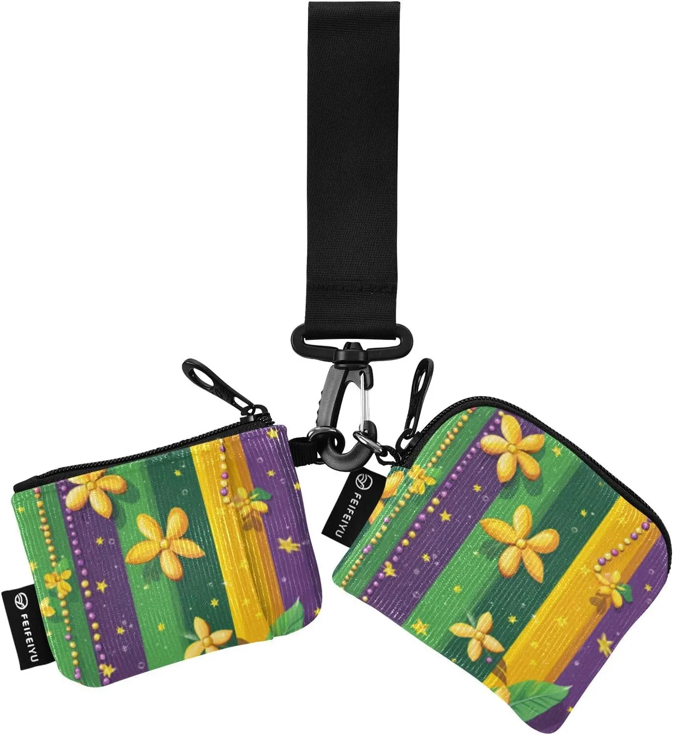 Carnival Beads and Floral Dual Wristlet Wallets for Women Thin Flat Zipper Purse Wallet with Zipper Coin Pocket for Women Men 2 Pcs