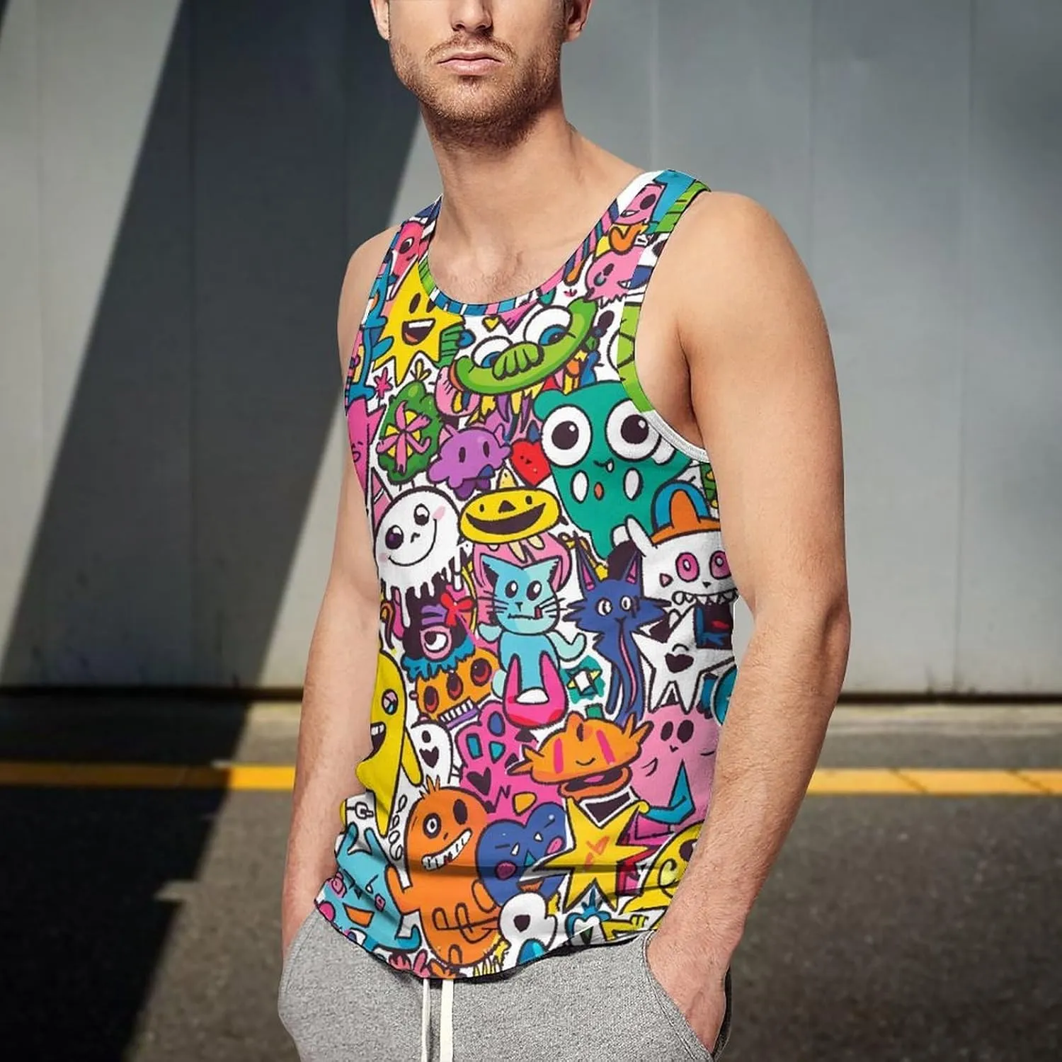 Cartoon Graffiti Monster Men's Tank Tops Summer Sleeveless T-Shirts Gym Workout Tee Casual Beach Tee