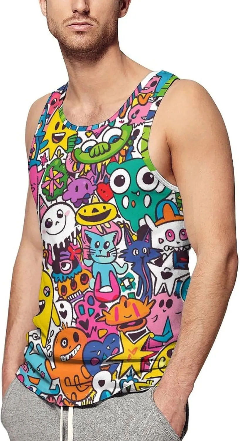 Cartoon Graffiti Monster Men's Tank Tops Summer Sleeveless T-Shirts Gym Workout Tee Casual Beach Tee