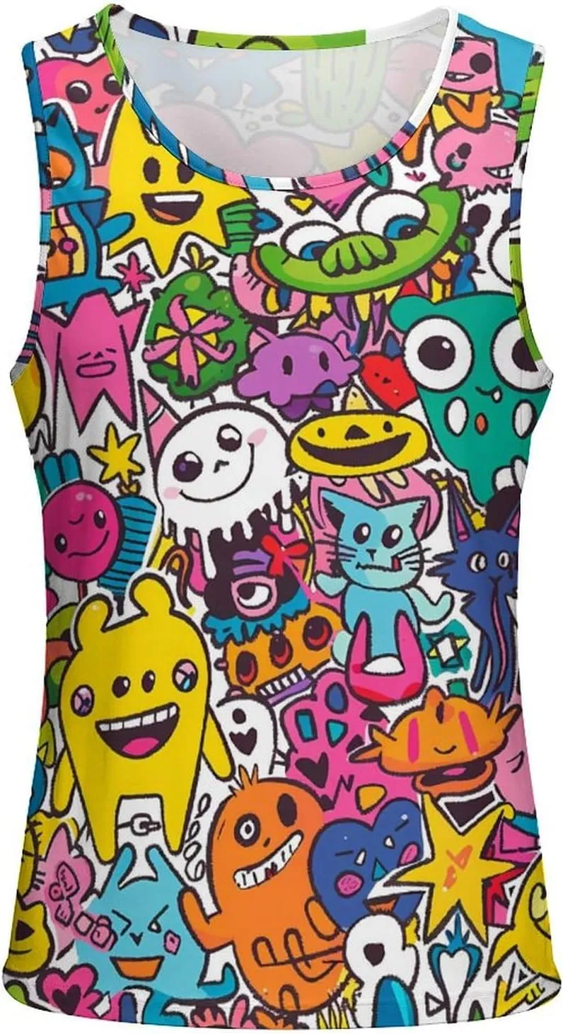 Cartoon Graffiti Monster Men's Tank Tops Summer Sleeveless T-Shirts Gym Workout Tee Casual Beach Tee