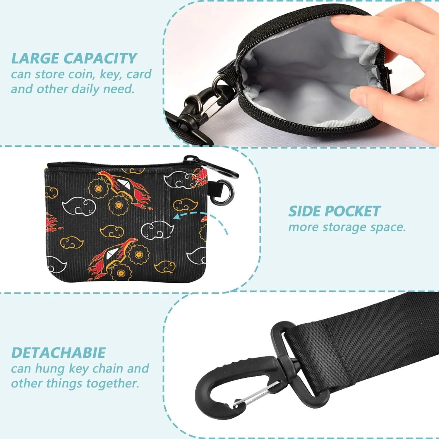 Cartoon Truck Fire Pattern Black Women's Coin Purses Card Cases Compact Size Coin Purse Wallet Bag with Zipper Coin Pocket for Ladies Girls 2 Pcs