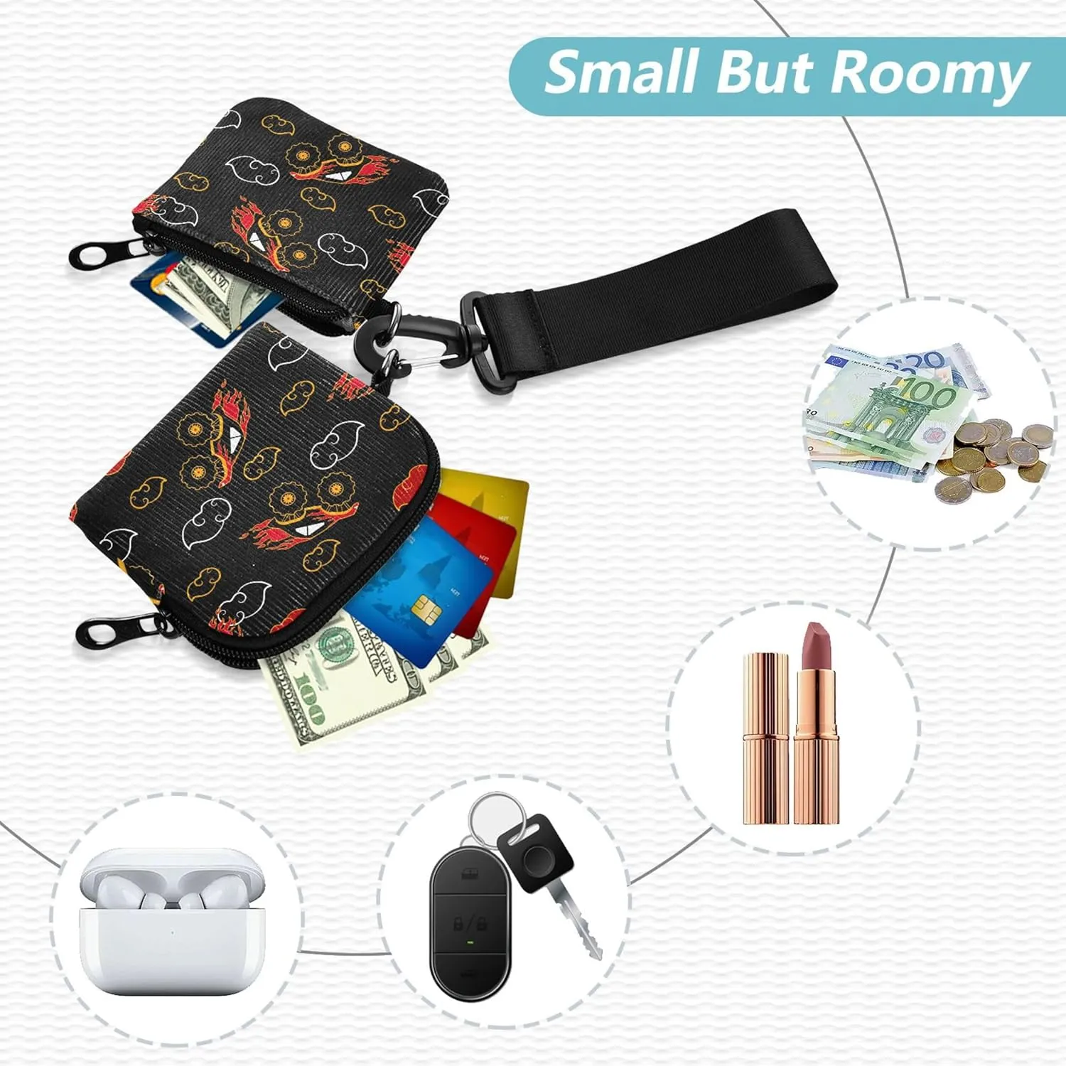 Cartoon Truck Fire Pattern Black Women's Coin Purses Card Cases Compact Size Coin Purse Wallet Bag with Zipper Coin Pocket for Ladies Girls 2 Pcs