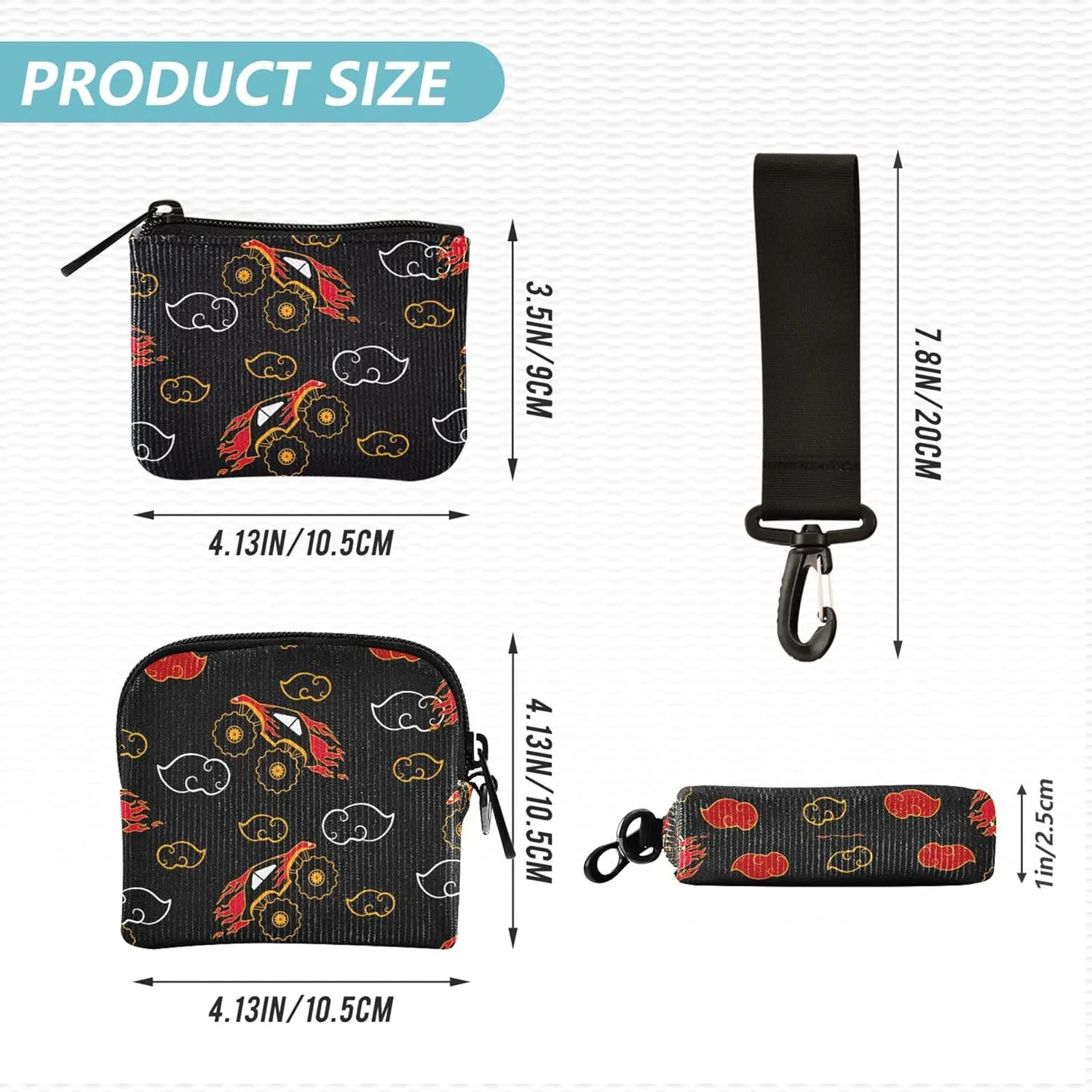 Cartoon Truck Fire Pattern Black Women's Coin Purses Card Cases Compact Size Coin Purse Wallet Bag with Zipper Coin Pocket for Ladies Girls 2 Pcs