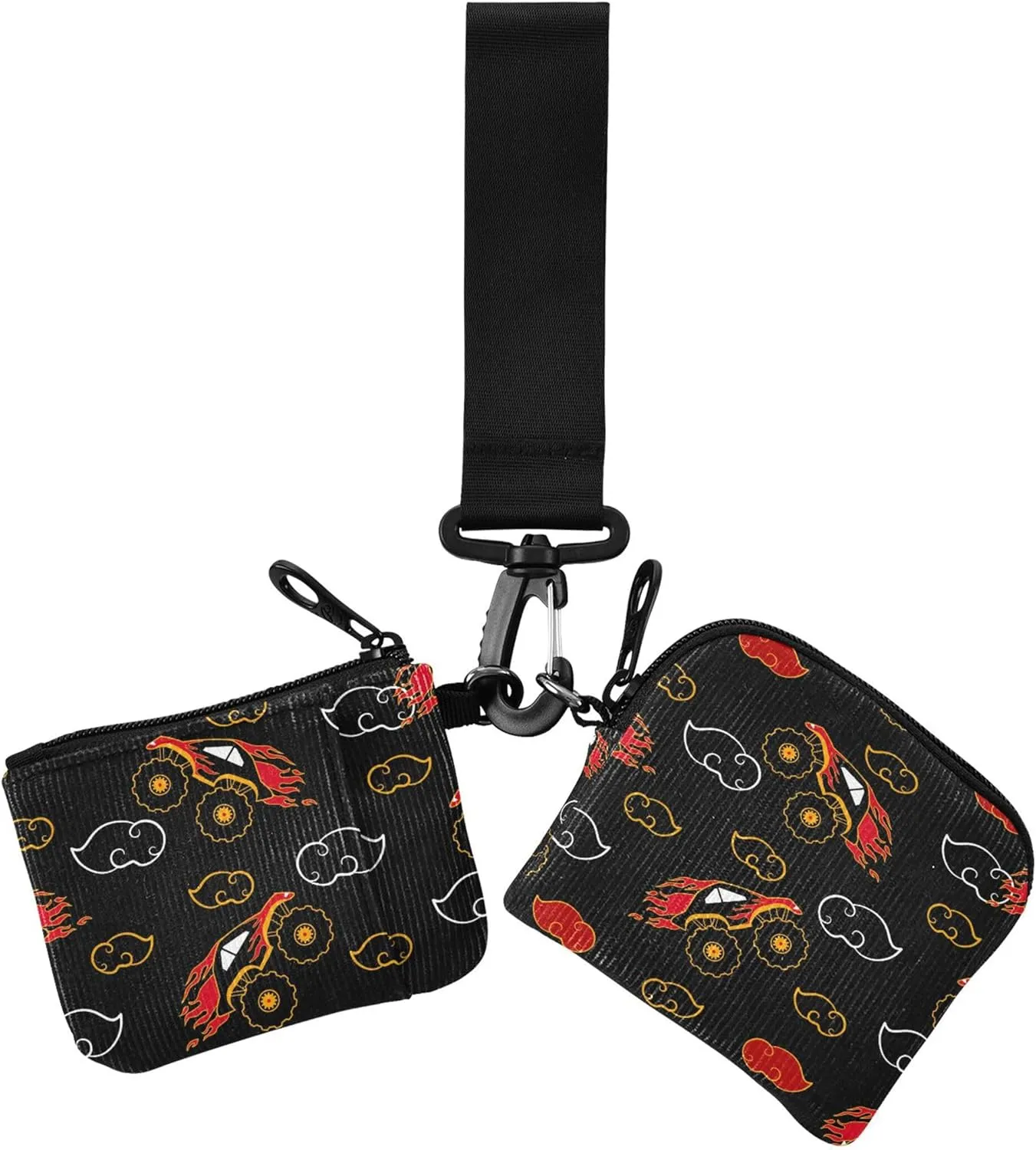 Cartoon Truck Fire Pattern Black Women's Coin Purses Card Cases Compact Size Coin Purse Wallet Bag with Zipper Coin Pocket for Ladies Girls 2 Pcs