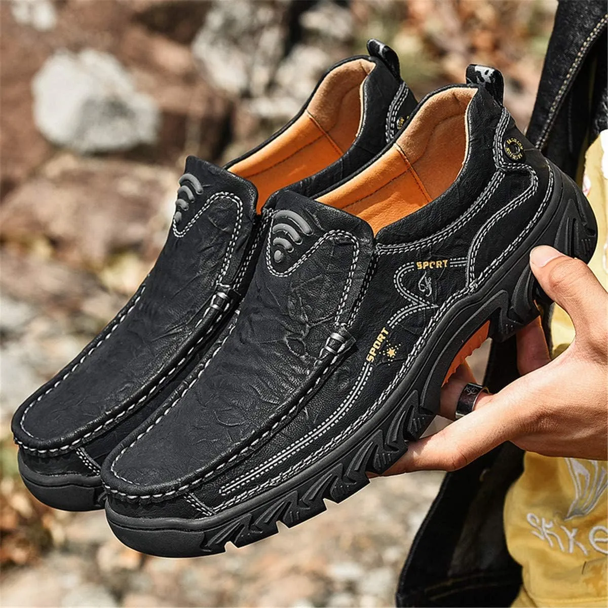 ChicWind Men's Breathable Slip-On Leather Stitched Hiking Loafers