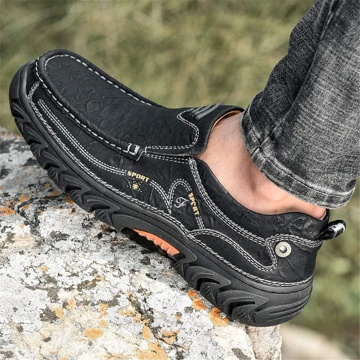 ChicWind Men's Breathable Slip-On Leather Stitched Hiking Loafers