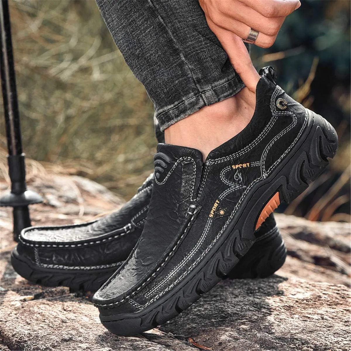 ChicWind Men's Breathable Slip-On Leather Stitched Hiking Loafers