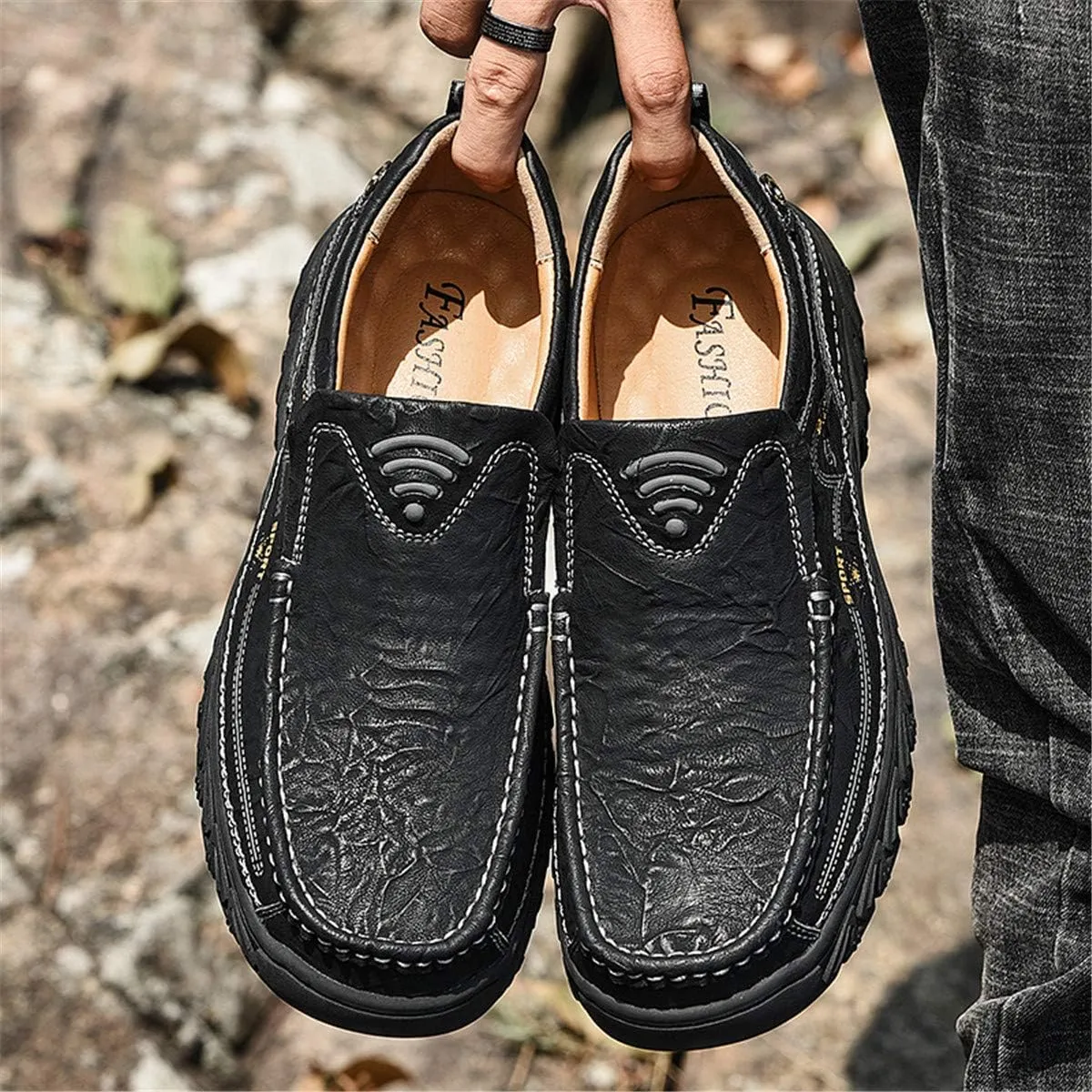 ChicWind Men's Breathable Slip-On Leather Stitched Hiking Loafers