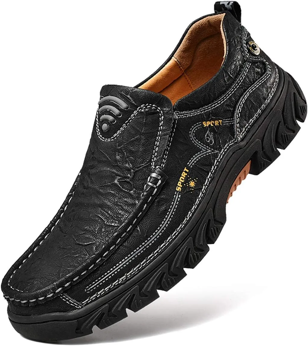 ChicWind Men's Breathable Slip-On Leather Stitched Hiking Loafers