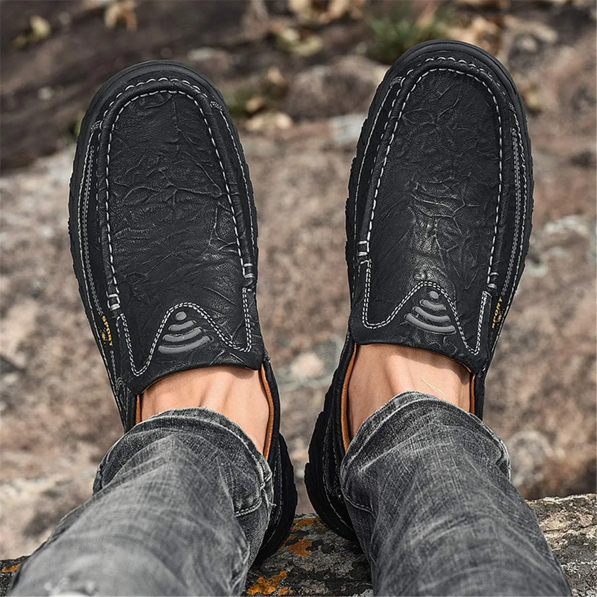 ChicWind Men's Breathable Slip-On Leather Stitched Hiking Loafers