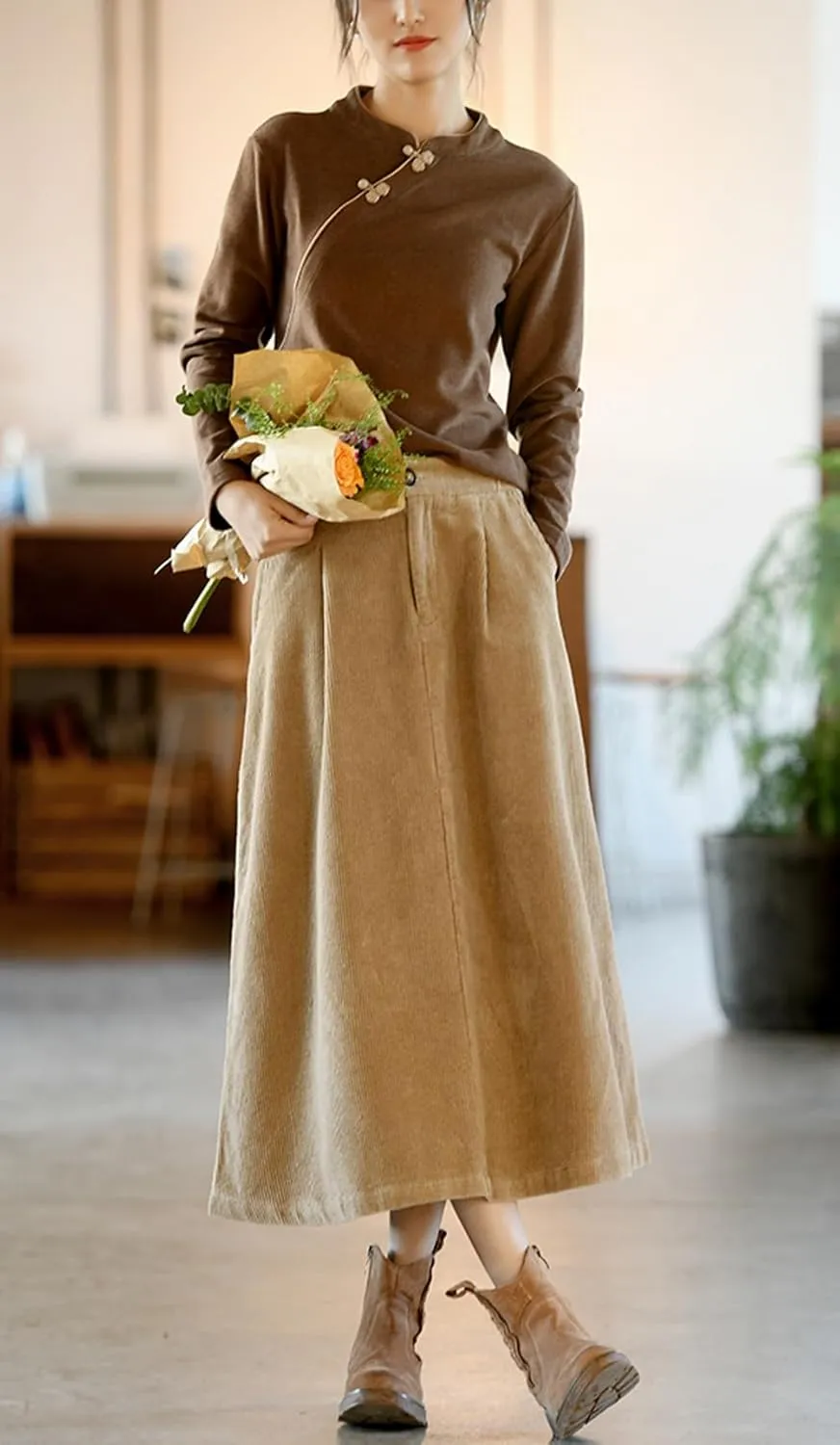 chouyatou Women's Fall Elastic High Waisted Corduroy Skirt Winter A-Line Pleated Midi Long Skirt