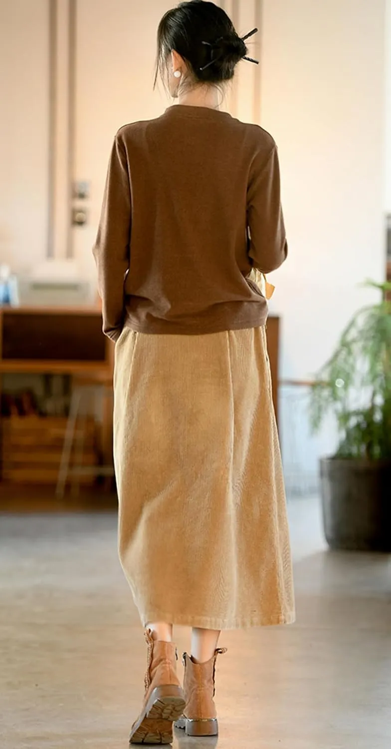 chouyatou Women's Fall Elastic High Waisted Corduroy Skirt Winter A-Line Pleated Midi Long Skirt