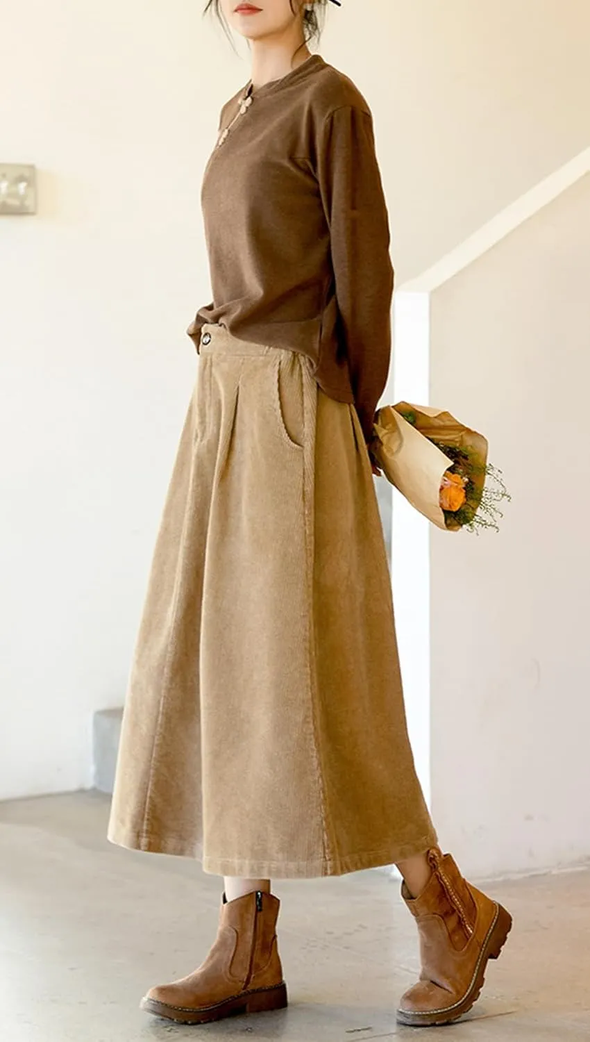 chouyatou Women's Fall Elastic High Waisted Corduroy Skirt Winter A-Line Pleated Midi Long Skirt